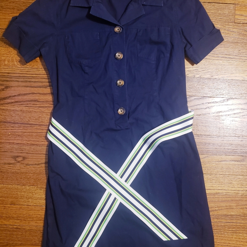 Blue button up shirt dress with belt